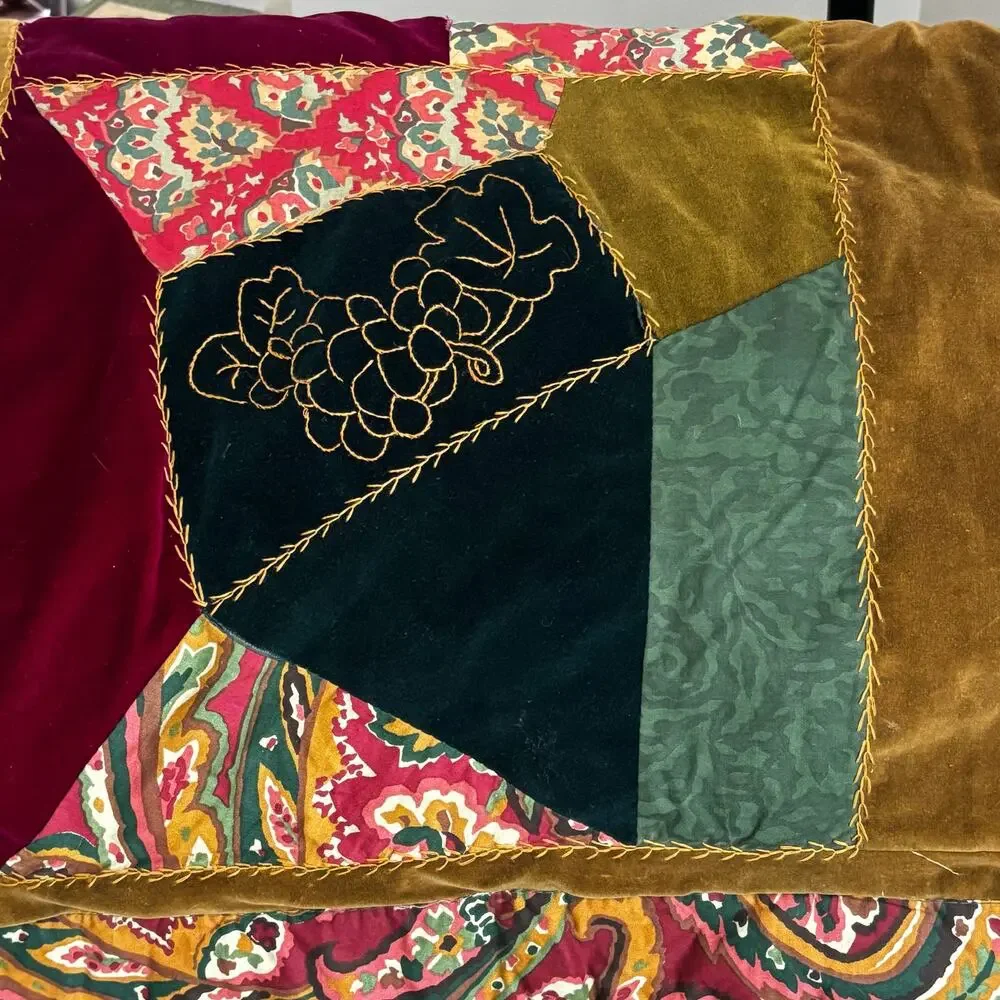 Nautica Crazy Quilt Pillow Sham 100% Cotton Retro Velvet Green Backing FLAW